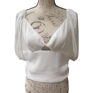 WAYF White Crepe Front Tie Top, Puff Sleeves, Romantic Prairie, Size L, NWT